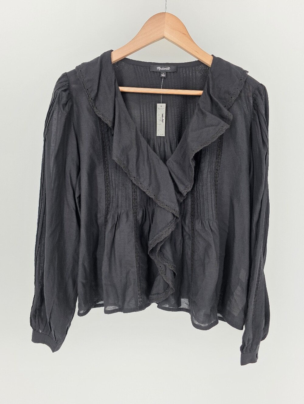 Madewell Black Lace-Insert Ruffled Pintuck Long-Sleeve Top, Sz L - Picture 3 of 15
